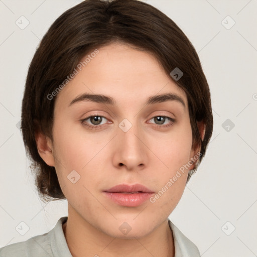 Neutral white young-adult female with medium  brown hair and grey eyes