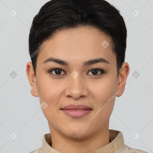 Joyful latino young-adult female with short  brown hair and brown eyes