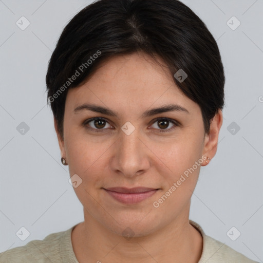 Joyful white young-adult female with short  brown hair and brown eyes