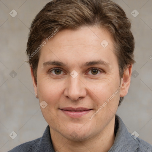 Joyful white adult male with short  brown hair and grey eyes