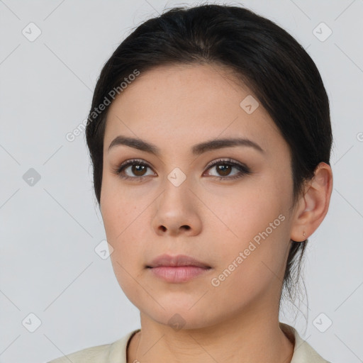 Neutral asian young-adult female with medium  brown hair and brown eyes