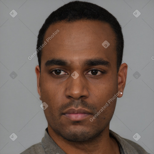 Neutral black young-adult male with short  black hair and brown eyes