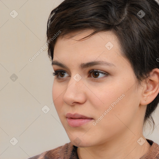 Neutral white young-adult female with medium  brown hair and brown eyes