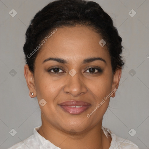 Joyful latino young-adult female with short  brown hair and brown eyes