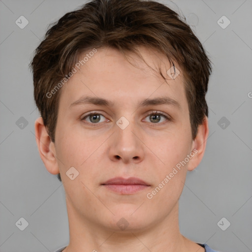 Neutral white young-adult male with short  brown hair and brown eyes