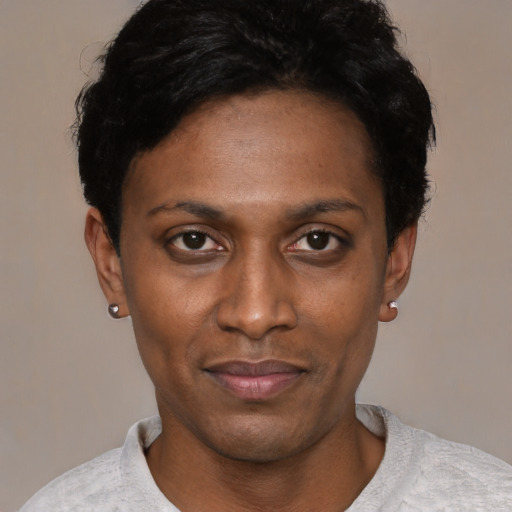 Neutral black young-adult female with short  black hair and brown eyes
