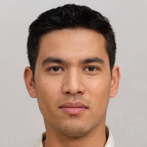 Neutral asian young-adult male with short  brown hair and brown eyes