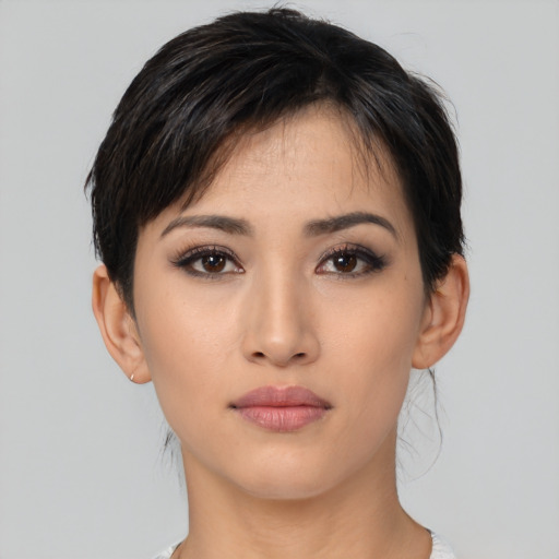 Neutral asian young-adult female with short  black hair and brown eyes