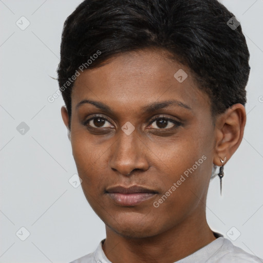 Neutral black young-adult female with short  brown hair and brown eyes