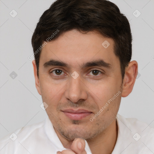 Joyful white young-adult male with short  brown hair and brown eyes