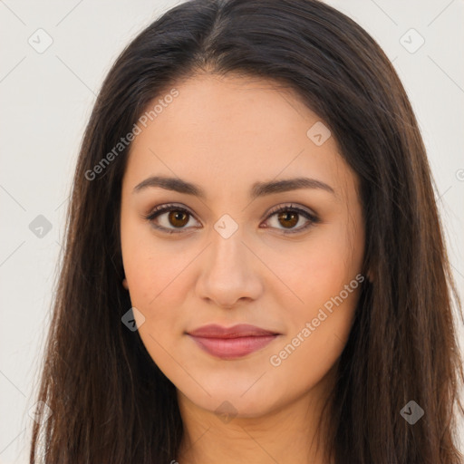 Joyful latino young-adult female with long  brown hair and brown eyes