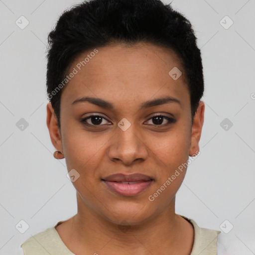 Joyful latino young-adult female with short  black hair and brown eyes