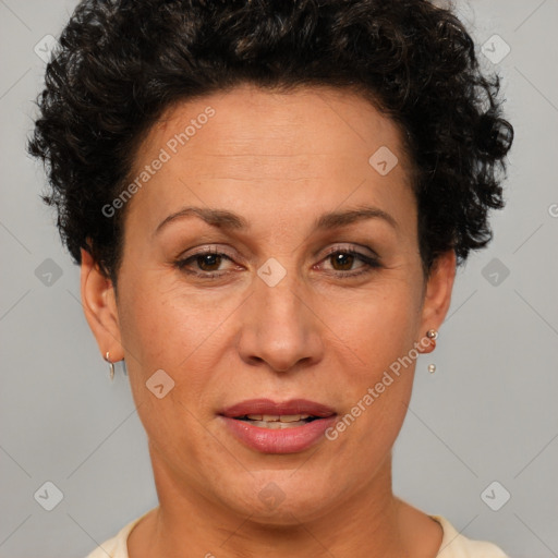 Joyful white adult female with short  brown hair and brown eyes