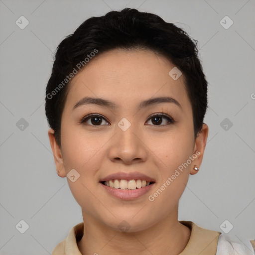 Joyful asian young-adult female with short  brown hair and brown eyes