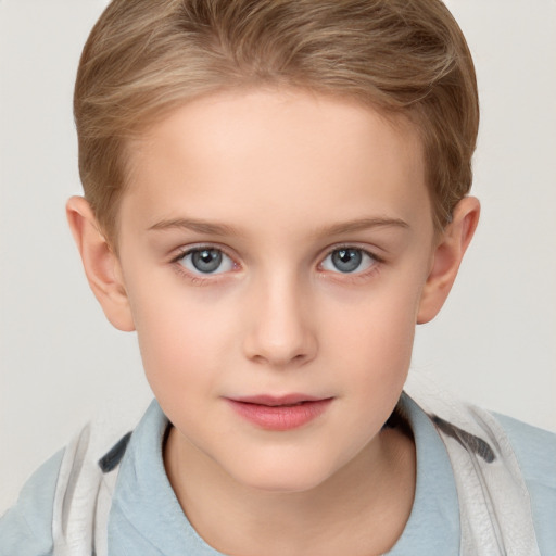 Joyful white child female with short  brown hair and grey eyes