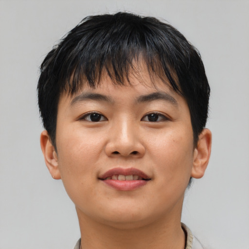 Joyful asian young-adult female with short  brown hair and brown eyes