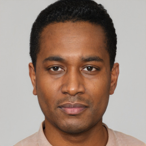 Neutral black young-adult male with short  black hair and brown eyes