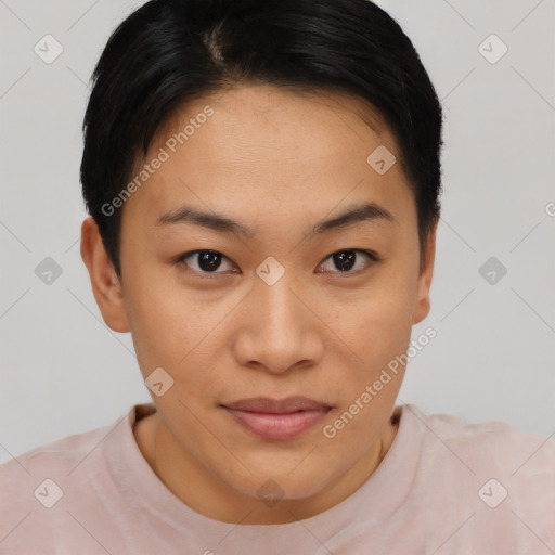 Joyful asian young-adult female with short  brown hair and brown eyes