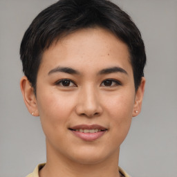 Joyful asian young-adult female with short  brown hair and brown eyes