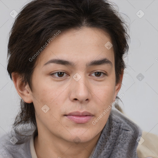 Neutral white young-adult female with medium  brown hair and brown eyes