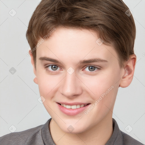 Joyful white young-adult female with short  brown hair and grey eyes