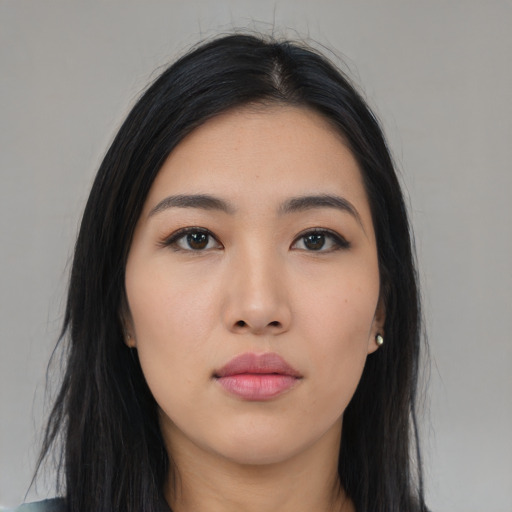 Neutral asian young-adult female with long  black hair and brown eyes