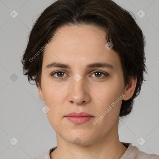 Neutral white young-adult female with short  brown hair and brown eyes