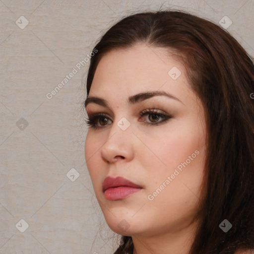 Neutral white young-adult female with medium  brown hair and brown eyes