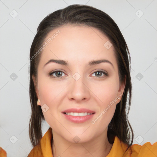 Joyful white young-adult female with long  brown hair and brown eyes