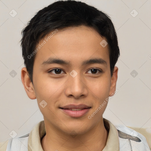 Joyful latino young-adult male with short  brown hair and brown eyes