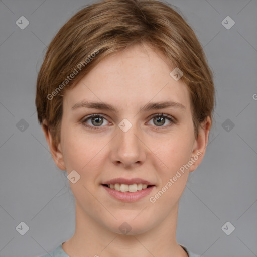 Joyful white young-adult female with short  brown hair and grey eyes