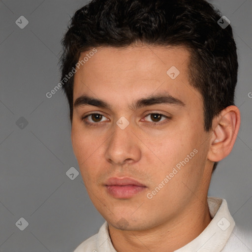 Neutral white young-adult male with short  brown hair and brown eyes