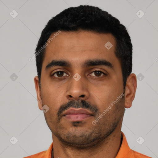 Neutral latino young-adult male with short  black hair and brown eyes
