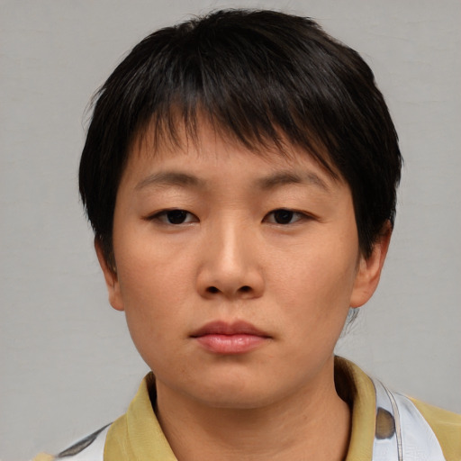 Neutral asian young-adult female with short  brown hair and brown eyes