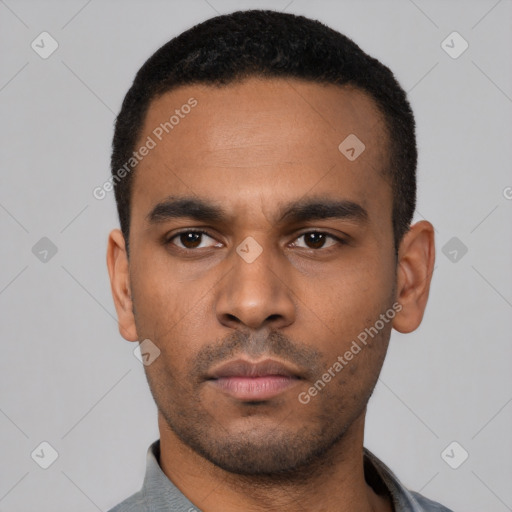 Neutral latino young-adult male with short  black hair and brown eyes