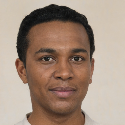 Neutral black young-adult male with short  black hair and brown eyes