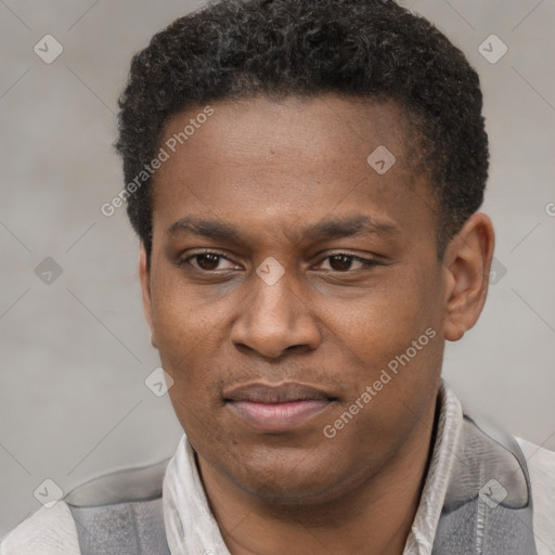 Joyful latino young-adult male with short  brown hair and brown eyes