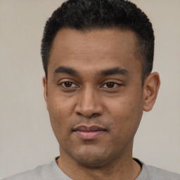 Joyful latino young-adult male with short  black hair and brown eyes