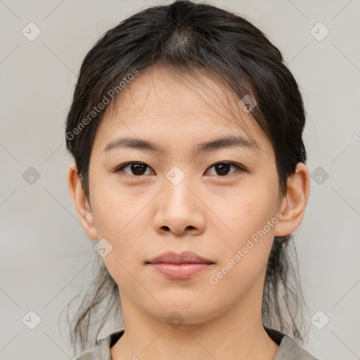 Neutral asian young-adult female with medium  brown hair and brown eyes