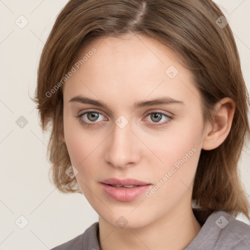 Neutral white young-adult female with medium  brown hair and brown eyes