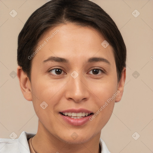 Joyful white young-adult female with short  brown hair and brown eyes