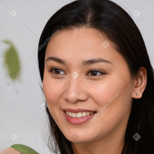 Joyful white young-adult female with long  brown hair and brown eyes