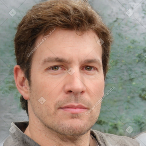 Neutral white adult male with short  brown hair and grey eyes