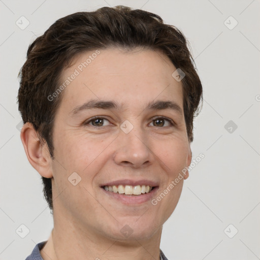 Joyful white adult female with short  brown hair and brown eyes