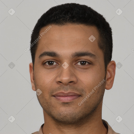 Neutral latino young-adult male with short  black hair and brown eyes