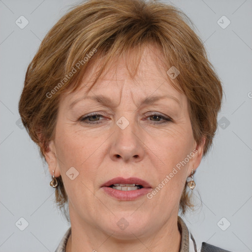 Joyful white adult female with medium  brown hair and grey eyes