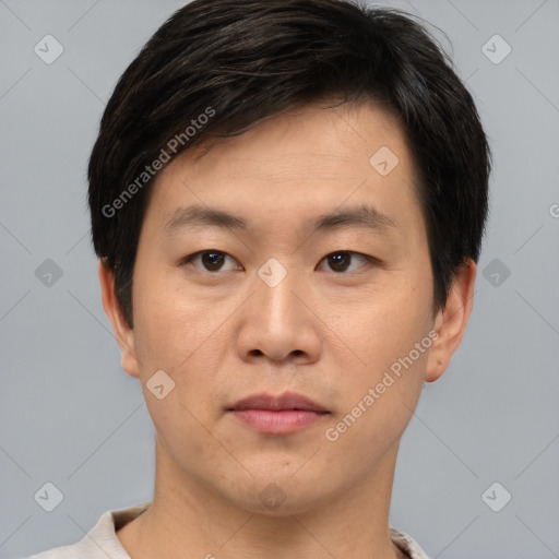 Neutral asian young-adult male with short  brown hair and brown eyes