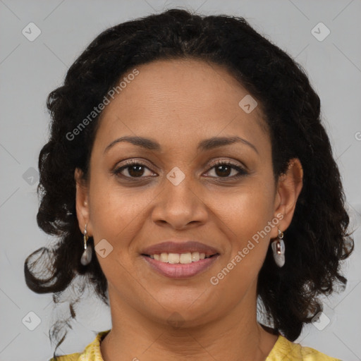 Joyful black young-adult female with medium  brown hair and brown eyes