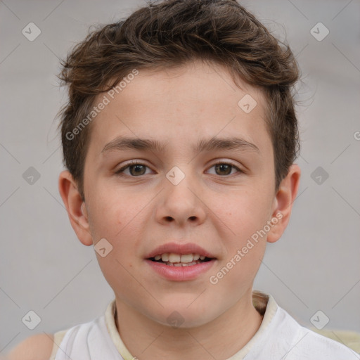 Joyful white child male with short  brown hair and brown eyes