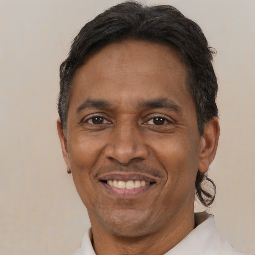 Joyful black adult male with short  brown hair and brown eyes